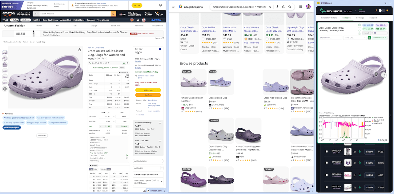 QikSource side panel on Amazon with Google Shopping synced to the same ASIN